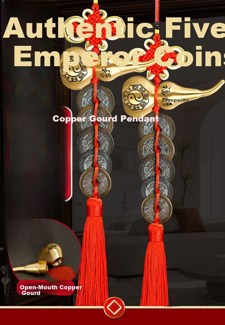 Feng Shui Pavilion Five Emperor Coins Pendant Brass Gourd with Cinnabar for Doorway Bedroom Kitchen Balcony Hanging Decor 1