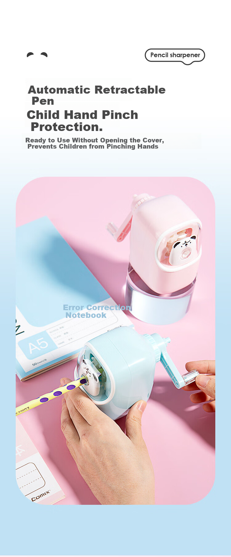 COMIX Automatic Pencil Sharpener Student Hand-Crank Alloy Steel Pencil Sharpener Cartoon Pencil Sharpener Exam Gift for Primary School Students Blue XS-63 5