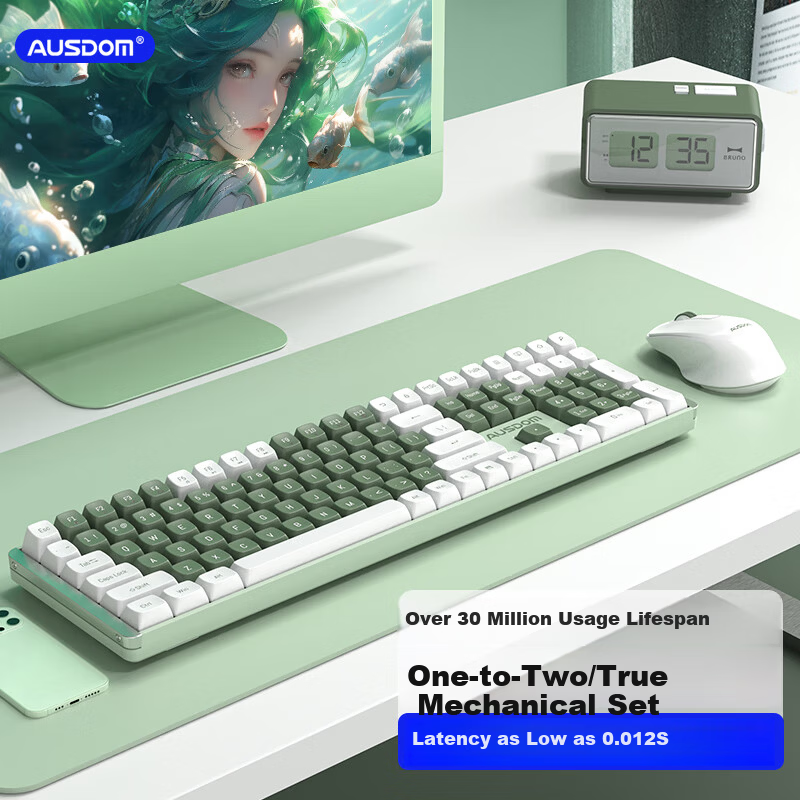 AUSDOM Hola111 Wireless Mechanical Keyboard and Mouse Set 2.4G Office Gaming Desktop Laptop Female High-Value Mechanical Keyboard and Mouse Set 111 Keys Green
