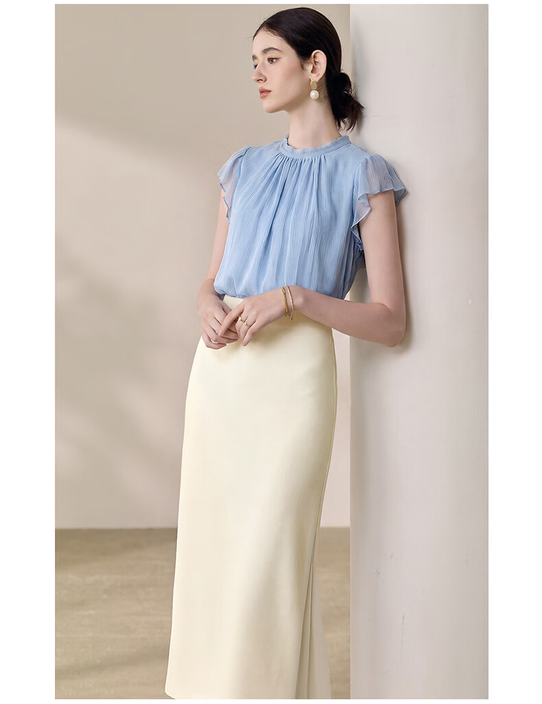 ROEYSHOUSE Elegant Workplace Flutter Sleeve Chiffon Blouse Summer French Pleated Top 13595 Light Blue S 11