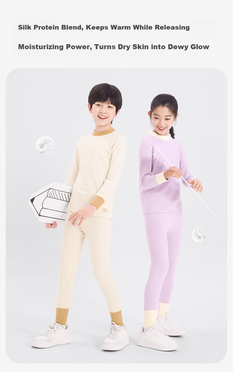 Jiusuibian Kids Thermal Underwear Unisex Autumn Winter Mid-Weight Fleece Lined Wool Blend 7A Antibacterial High Neck School Uniform Base Layer Set 5