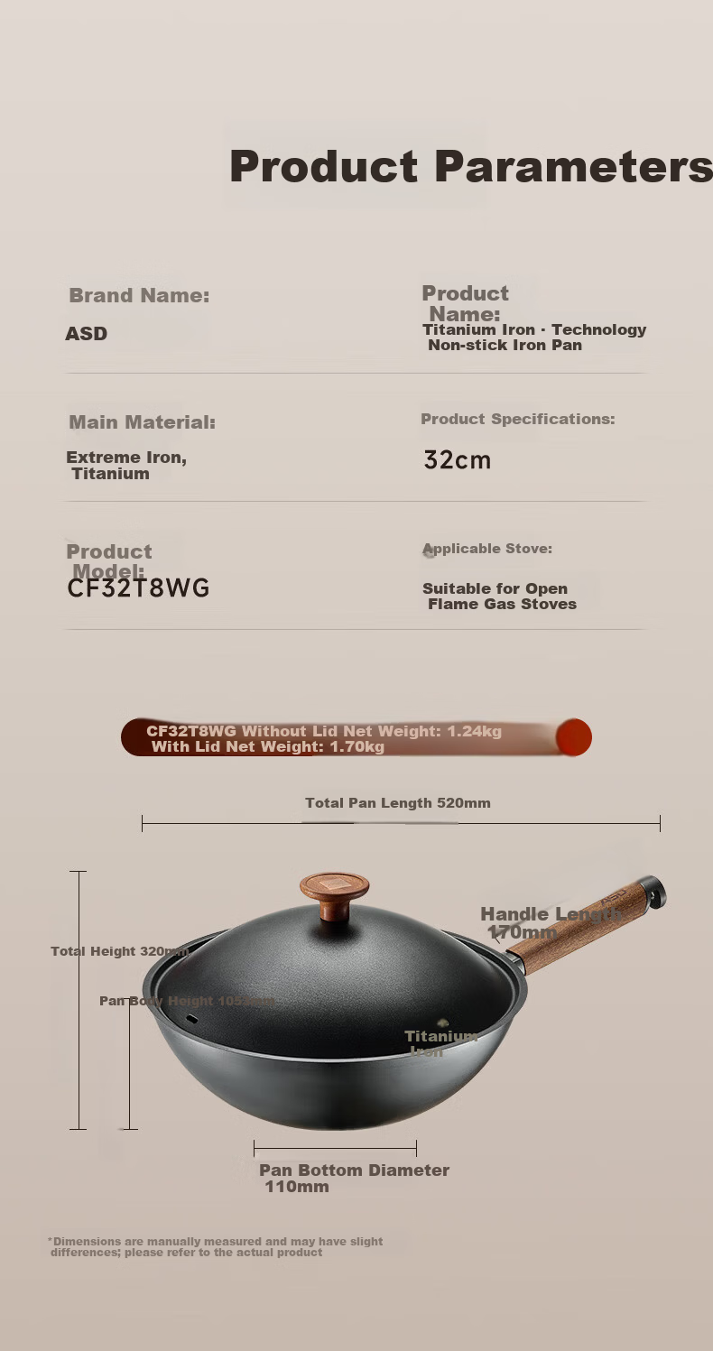ASD 32cm Titanium Iron Non-Stick Wok with Fluorine-Free Coating for Gas Stove, Suitable for 4-6 People 20