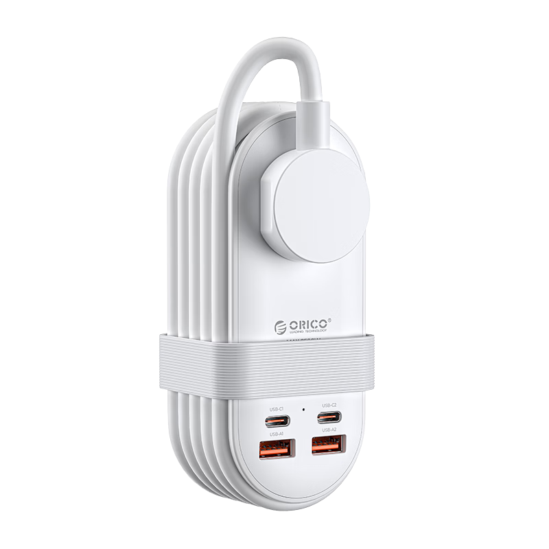 ORICO Power Strip 65W GaN Charger 7-in-1 Multi-Functional Travel Home Extension Socket with USB Fast Charging and Built-in Storage, 1.63m White
