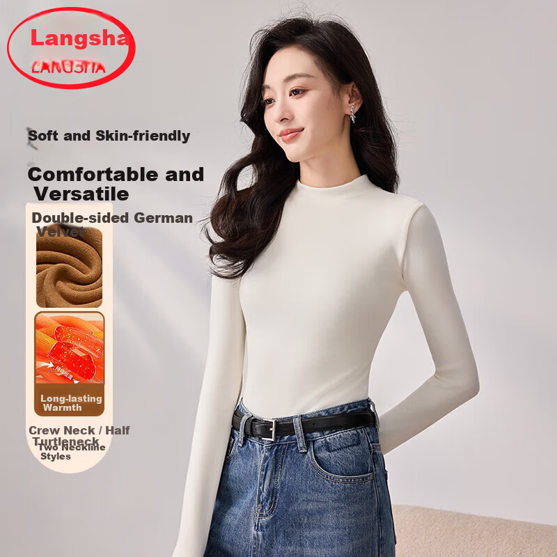 Langsha Women's Thickened Velvet Half Turtleneck Slim Fit Long Sleeve Base Shirt for Spring and Autumn