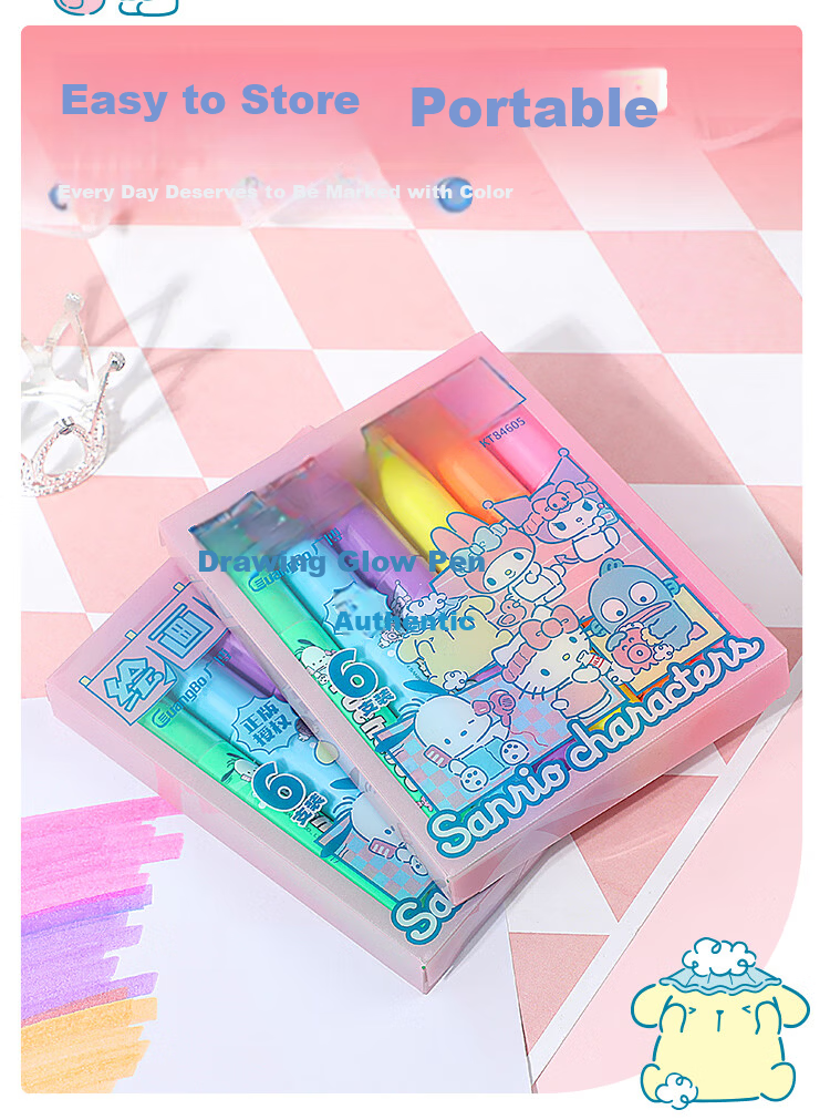 GuangBo & Sanrio Large Capacity Highlighter Pens, 6 Colors, Student Note-Taking Markers, Journaling Pens, Doodle Pencils, KT84591 10