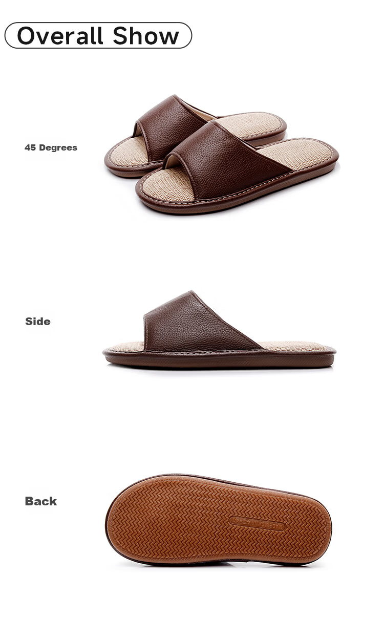 Genmai Plus Size Linen Slippers Men 4849 Indoor Home Floor Non-Slip Four Seasons Leather Slippers Coffee Color Size 40-41 9