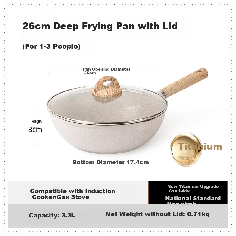 CaROTE Non-Stick Titanium Frying Pan 26cm Maifan Stone Wok for Home Use Compatible with Induction and Gas Stoves