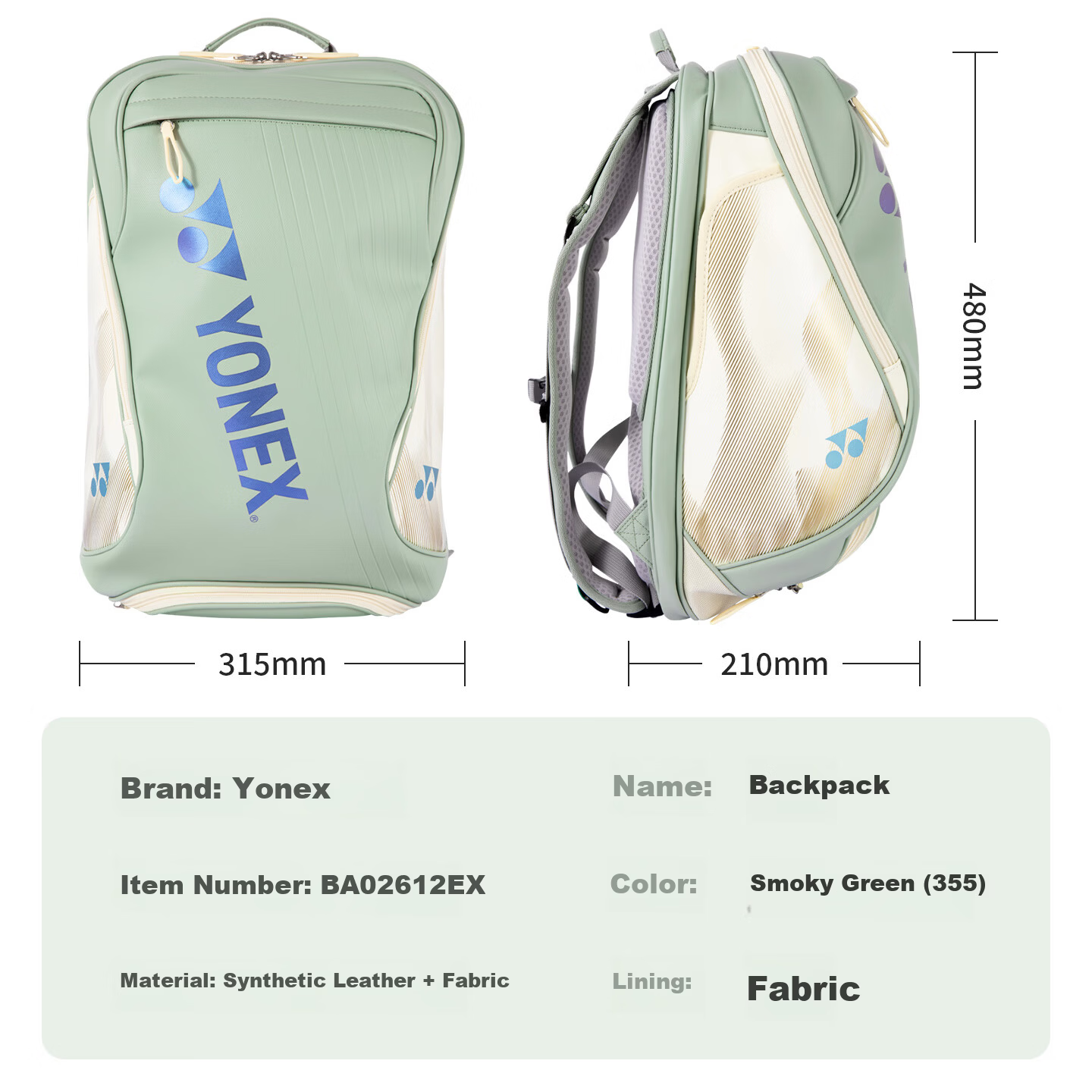 YONEX Badminton Backpack National Team Edition with Separate Shoe Compartment Large Capacity Double Shoulder Bag BA02612EX Smoky Green