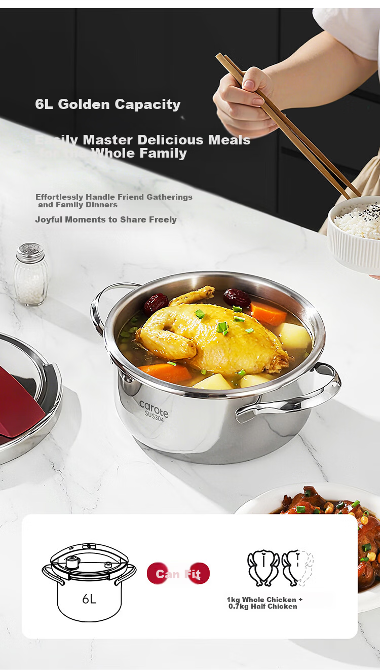Carrot Pressure Cooker 4L Explosion-Proof Household Thickened 304 Stainless Steel One-Press Open Compatible with Gas and Induction Cooktops 8