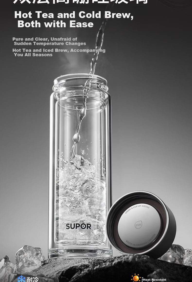 SUPOR Double-Layer Glass Cup for Men, Home and Office, Tea Infuser, Car Water Bottle, 400mL, Starry Night Black 8