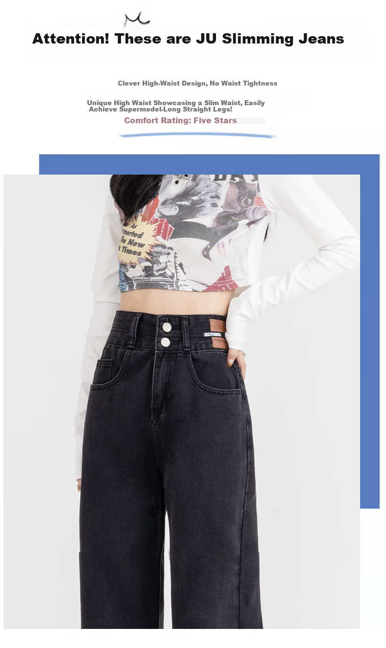 Romon Wide-Leg High-Waist Jeans for Women Summer American Style Loose Casual Slimming Floor-Length Straight Pants Black Gray M 2