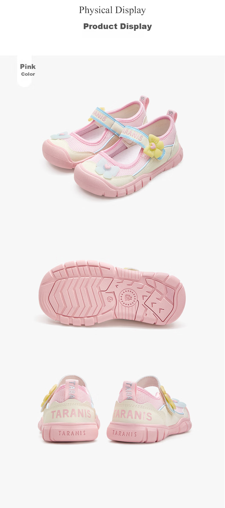 TARANIS Spring Summer Girls' Breathable Mesh Sports Sandals Sweetheart Princess Mary Jane Kindergarten Shoes White/Pink Size 28 8