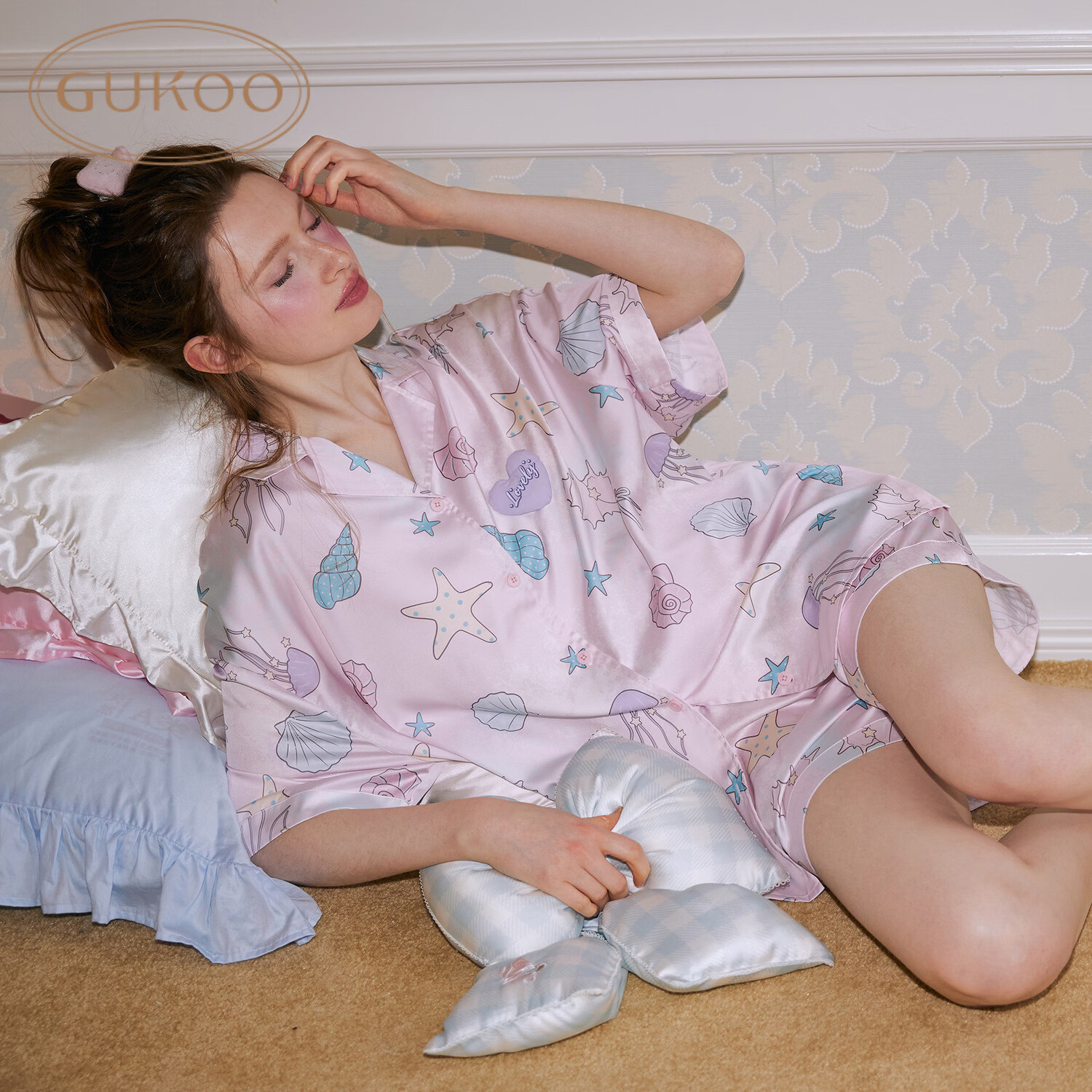 Gukoo Women's Summer Pajamas Shell Print New Ice Silk Sweet Lapel Loose Homewear Set Vanilla Pink S