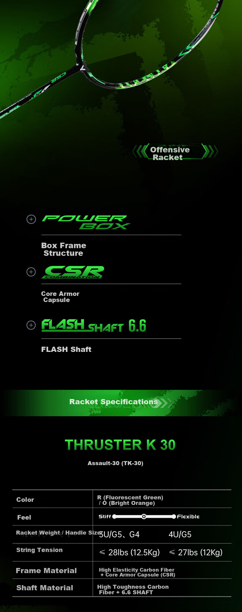 VICTOR TK-30R Fluorescent Green 4U Full Carbon Badminton Racket Pre-Strung 25lbs 2
