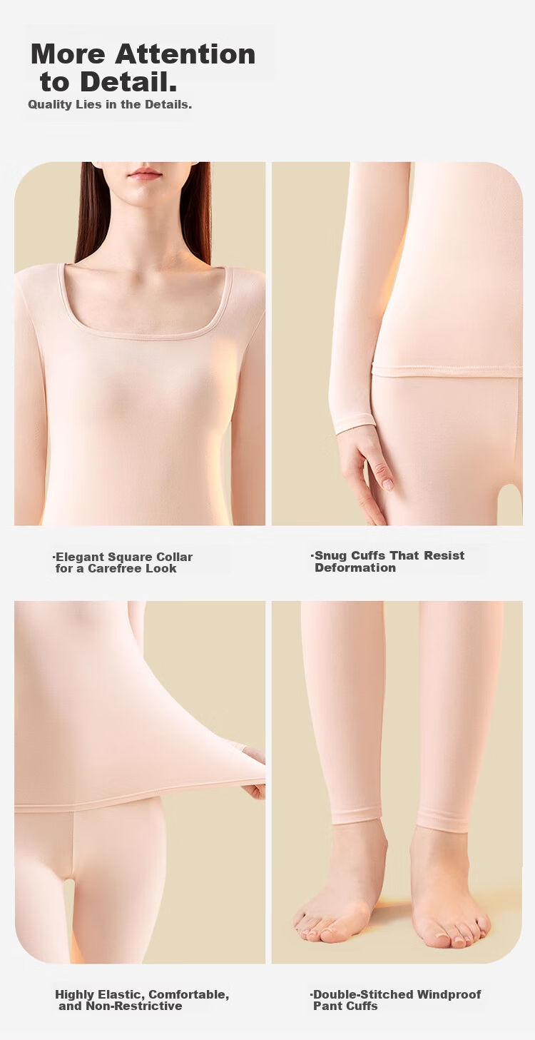 XUEXIMAN Women's Thermal Underwear Set Autumn Winter Pure Cotton Soft Comfortable Seamless Antibacterial Heating Square Neck Top and Bottom 8