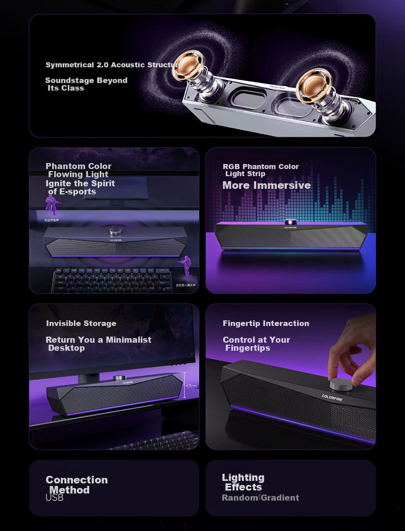 COLORFIRE Rainbow Illusion Gaming Virtual 7.1 Surround Sound RGB Water-Cooled Desktop Bluetooth 5.3 Computer Speaker USB Desktop Laptop Subwoofer CF3000 PRO 2