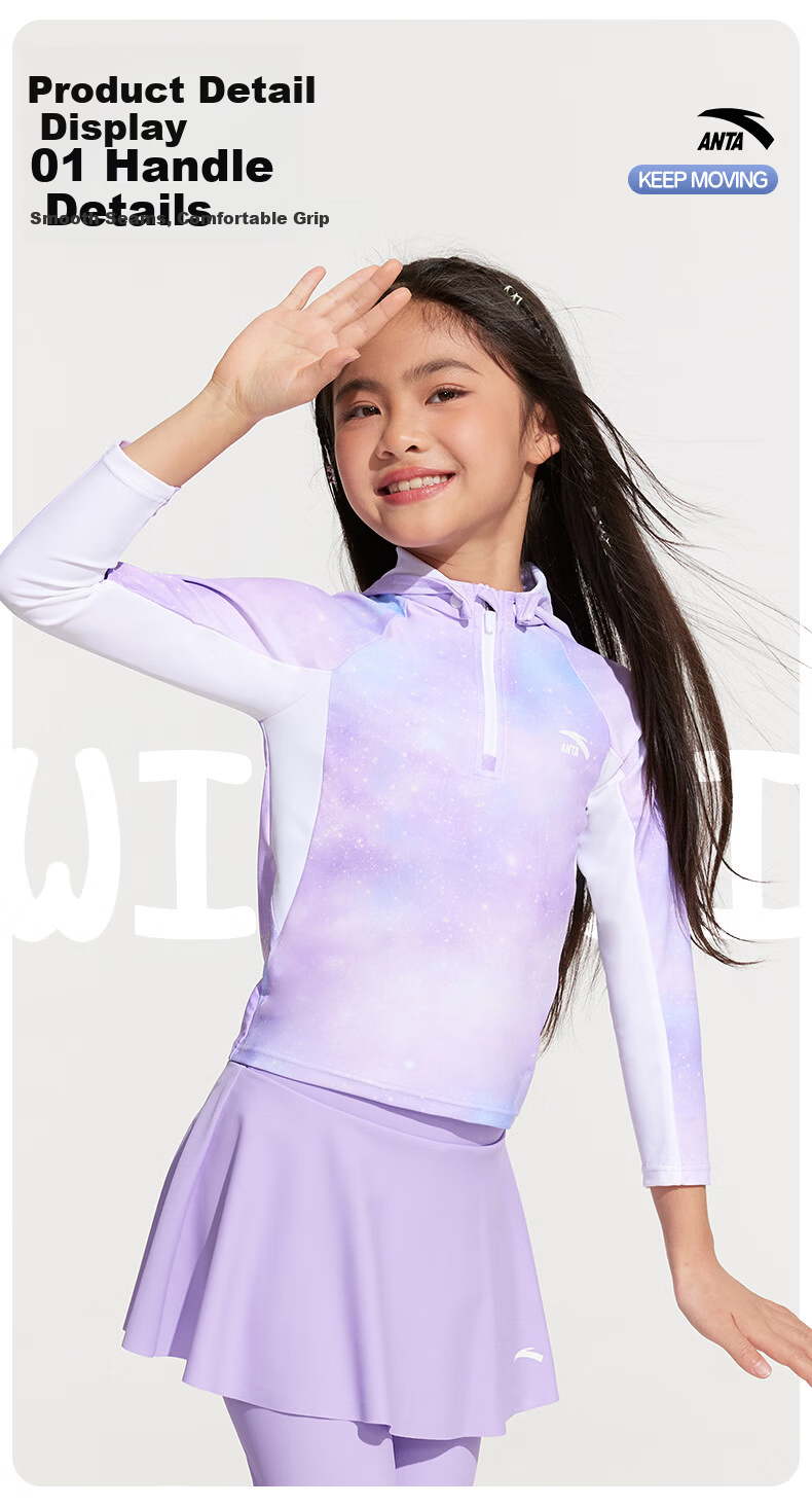 ANTA Kids Girls Two-Piece Long Sleeve Sun Protection Hooded Surfing Swimsuit Training Quick-Dry Hot Spring Swimwear 140 4