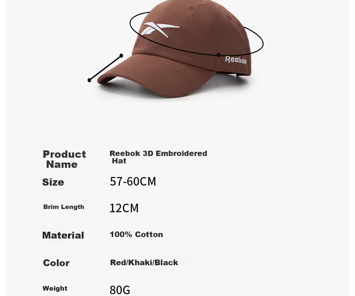 Reebok Embroidered 3D Cap Summer Running Sunshade Breathable Unisex Sports Sun Hat Red 3