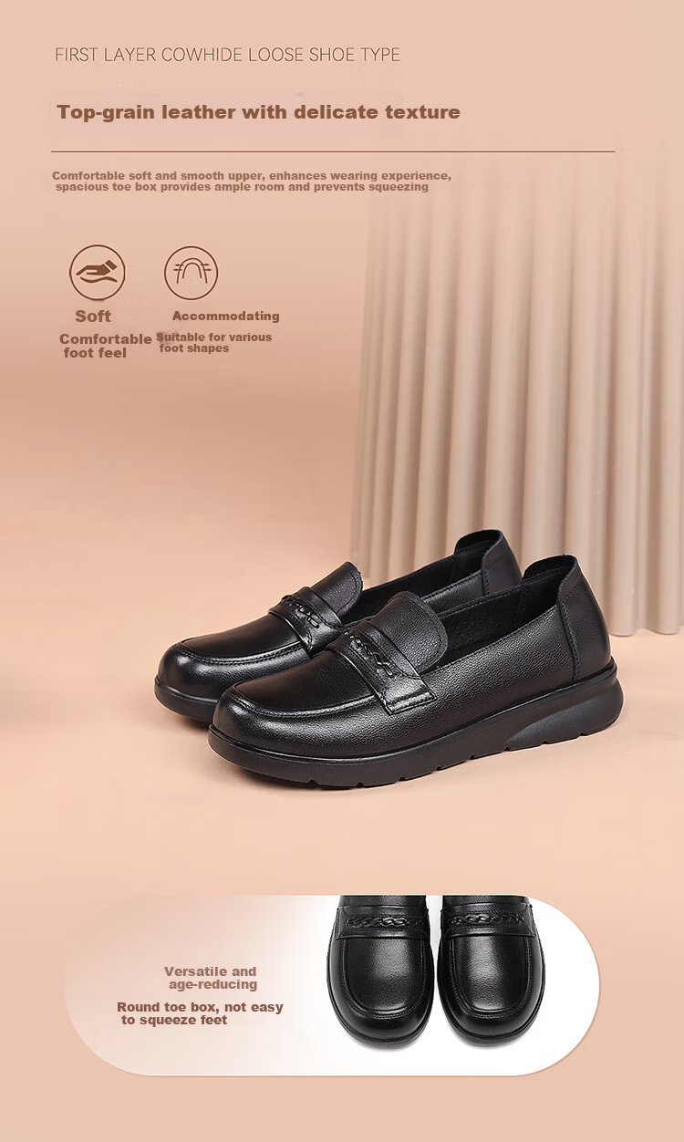 Red Dragonfly Women's Middle-aged and Elderly Mom Leather Shoes Cowhide Slip-on Loafers Soft Sole Flats WTB351791 Black Size 37 3