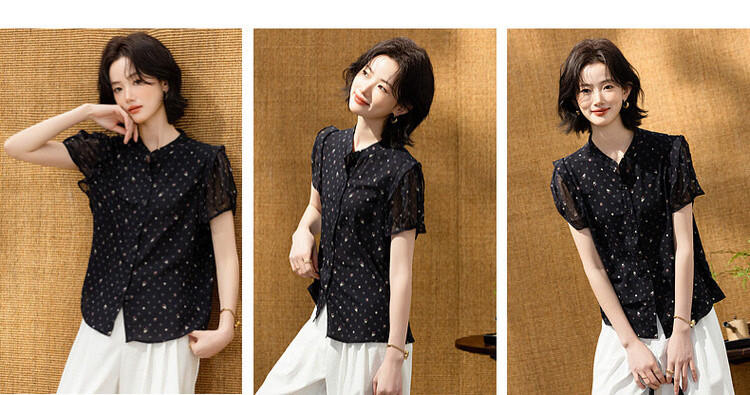 Demana Elegant Urban Summer Fresh Print Stand Collar Lace Sleeve Loose Lightweight Slim Shirt for Women Premium Quality 6