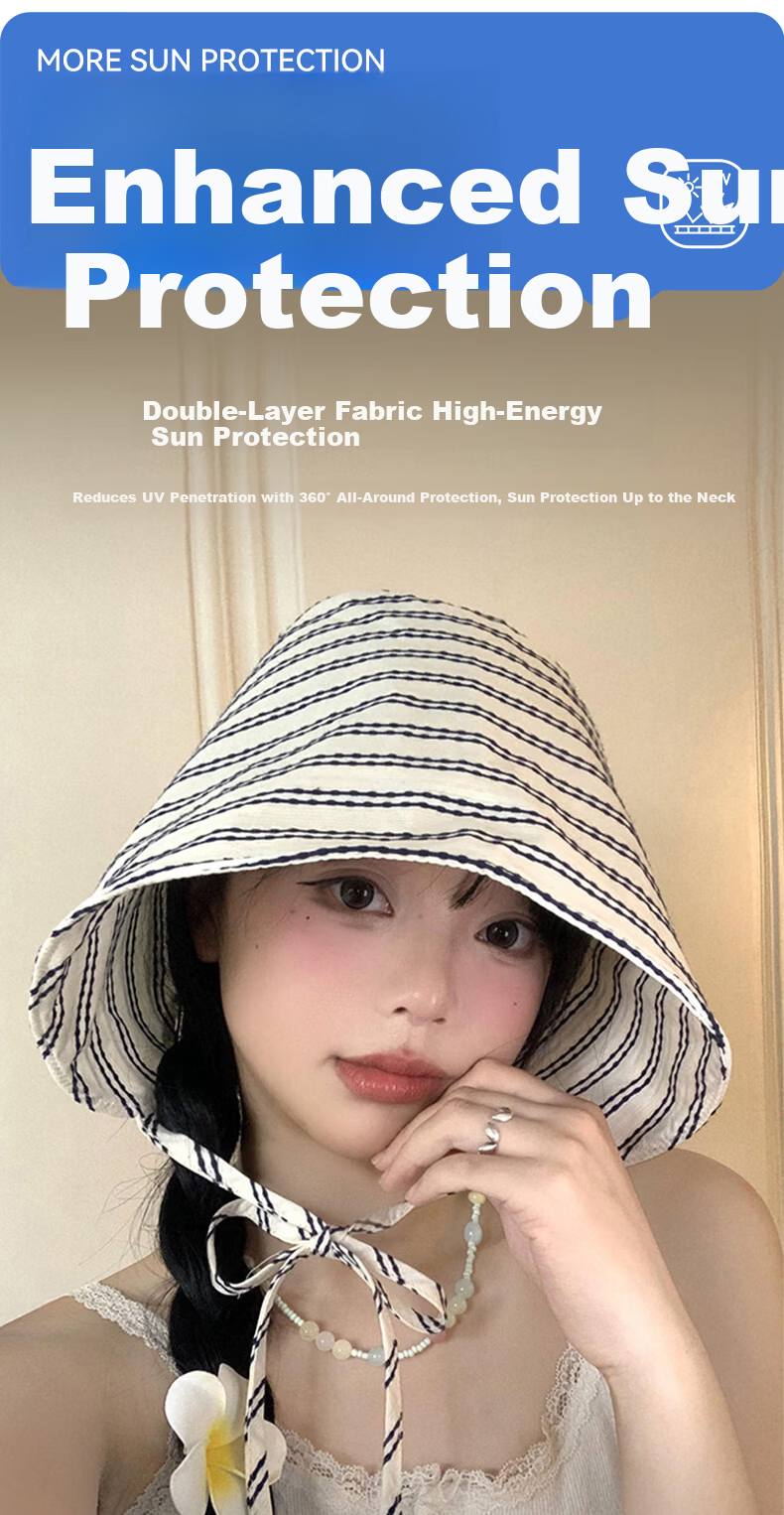FitonTon Women's Summer Sun Protection Hat Striped UV Protection Outdoor Beach Sun Hat Travel Face Cover Hat 2