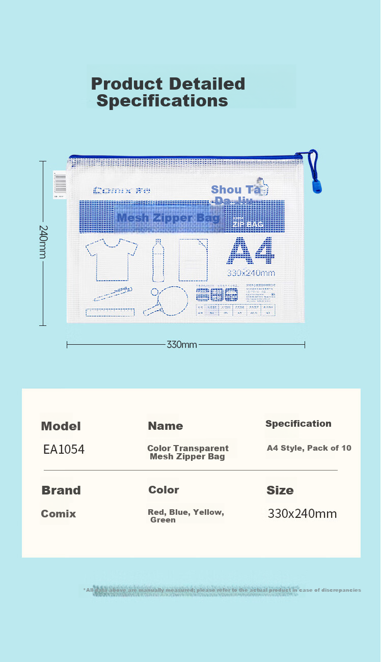 COMIX 10 A4 Thick Transparent Zipper File Folders for Elementary School Subject Classification, Exam Paper Storage, Middle And High School Supplies, Homework Organizer, Exam Bag with Mesh EA5020-10 6