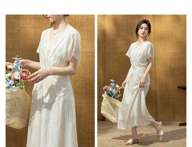 Demana Wrinkled Acetate Summer Elegant Luxury V-Neck Cross Waist Batwing Sleeve Lightweight Dress for Women High-End Feel 7