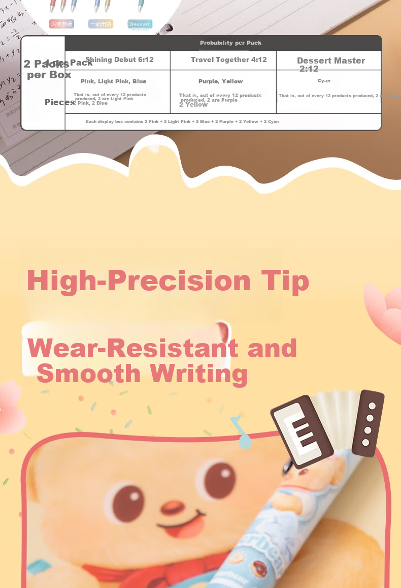 Deli Butter Bear Quick-Dry Retractable Gel Pen Blind Box 0.5mm ST Tip High-Value Student Gel Pen HY022 Black Single Pack 6