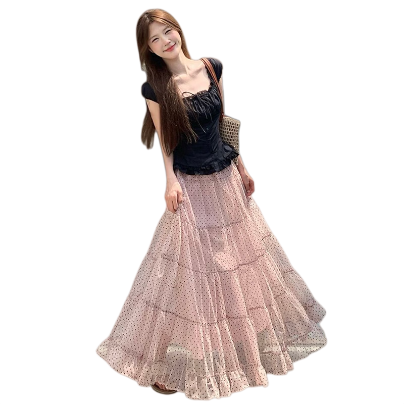 Langsha Pink Polka Dot Long Skirt Women's New 2026 Summer Super Beautiful Tulle A-Line High Waist Slim Puff Half Skirt