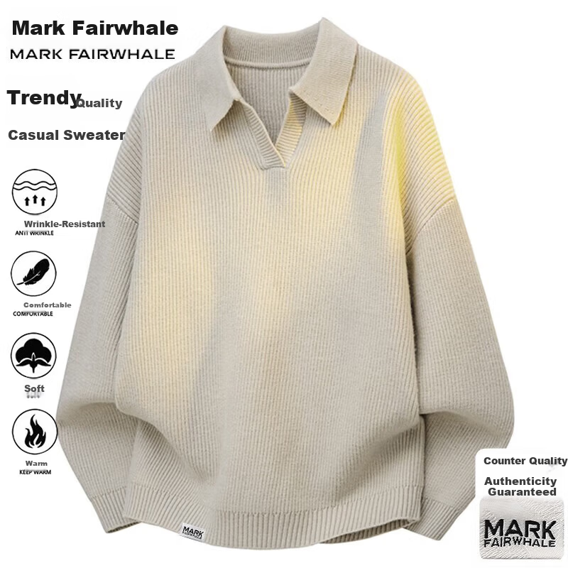 Mark Fairwhale Men's Sweater Autumn Winter Loose Fit Lapel Pullover Knitwear Youth Top Gray Apricot 2XL