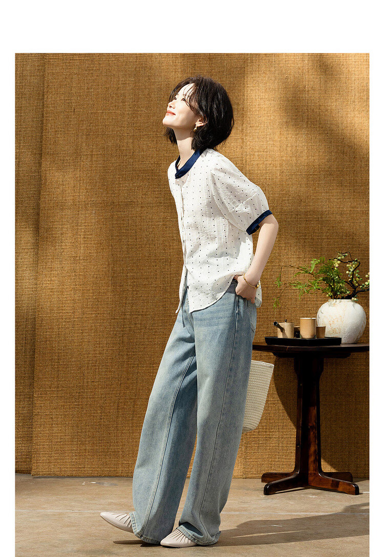 Demana Oxygen Linen Summer Fresh Plaid Color-Block Stand Collar Short Sleeve Loose Slim Women's Shirt 2