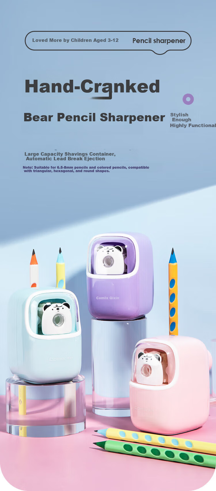 COMIX Automatic Pencil Sharpener Student Hand-Crank Alloy Steel Pencil Sharpener Cartoon Pencil Sharpener Exam Gift for Primary School Students Blue XS-63 1