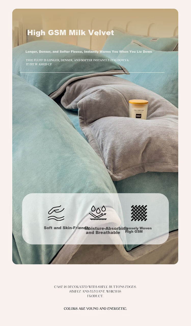 MINISO Milk Velvet Four-Piece Bedding Set Thickened Fleece Bed Sheet and Duvet Cover 200x230cm for 1.5/1.8m Bed 7