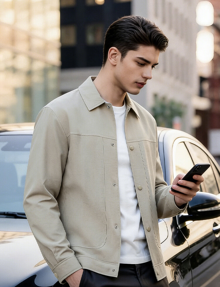 Caesar [Tencel Linen] Polo Collar Jacket Spring Summer Men's Workwear Solid Color Simple Breathable Casual Coat 1