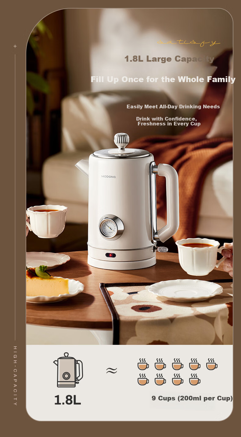 Modong Electric Kettle Double-Layer Anti-Scald 1.8L Large Capacity Household Electric Kettle 304 Stainless Steel Inner Liner High Power 1500W Fast Boiling MD-DSH08R 7