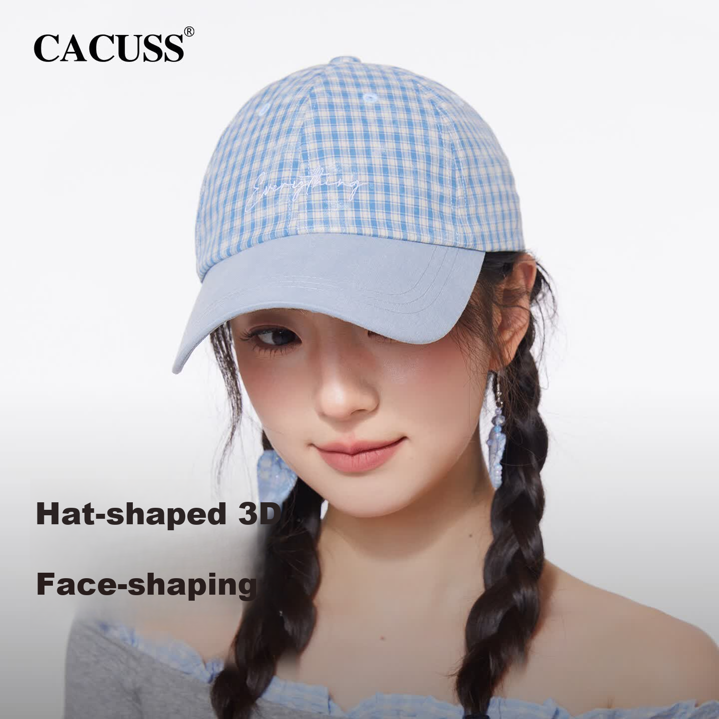 CACUSS Women's Duckbill Cap Spring Summer New Pure Cotton Soft Top Baseball Cap Small Face Plaid Sun Hat Light Blue