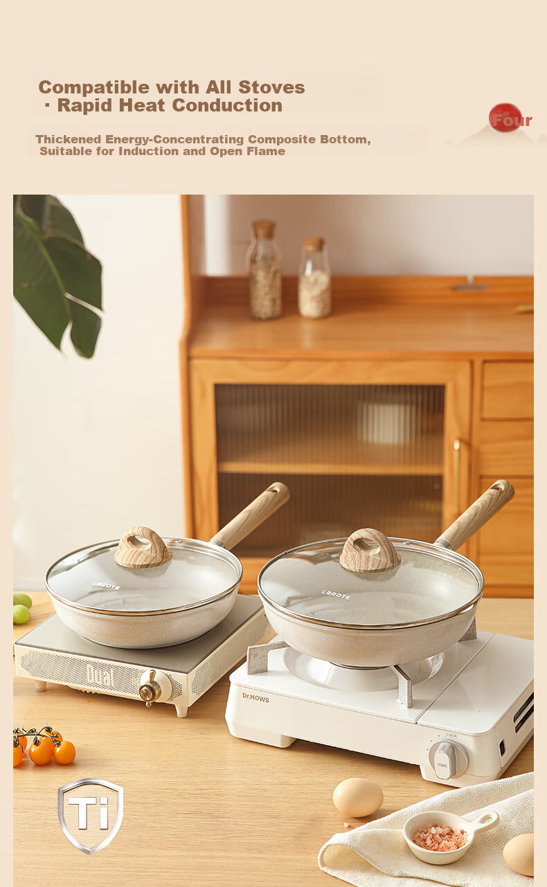 CaROTE Maifan Stone Non-Stick Titanium Frying Pan 24cm for Home Use Steak Pan Small Egg Pancake Pan Induction Cooker Compatible 6
