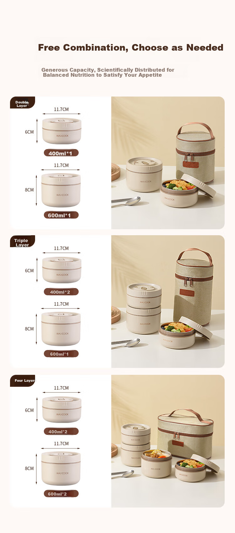Maxcook (MAXCOOK) Insulated Lunch Box 304 Stainless Steel Microwaveable Bento Box with Bag MCFT1309 13