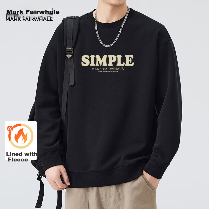 Mark Fairwhale Fleece Lined Men's Sweatshirt Autumn Winter Crew Neck Loose Heavyweight Long Sleeve Jacket Black M
