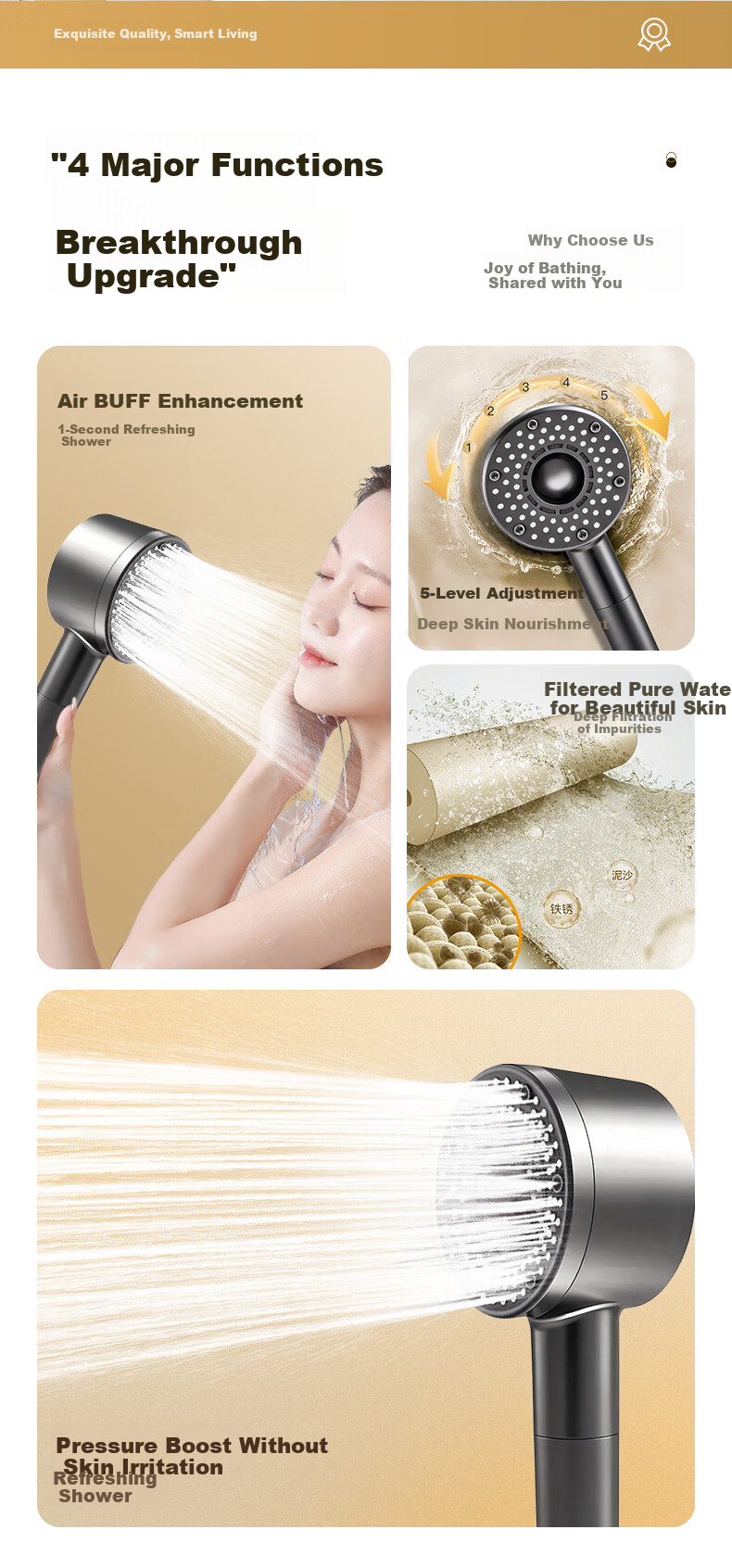 Jingmi Premium Handheld Shower Head Single Nozzle Pressure Boosting Bathroom Spray Five-Mode Water Purification Filter Shower Head 2