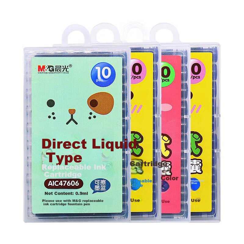 M&G Black Ink Cartridge Direct Liquid Refillable Student Fountain Pen Ink Cartridges 3.4mm Inner Diameter 10-Pack Random Cover Style AIC47606A