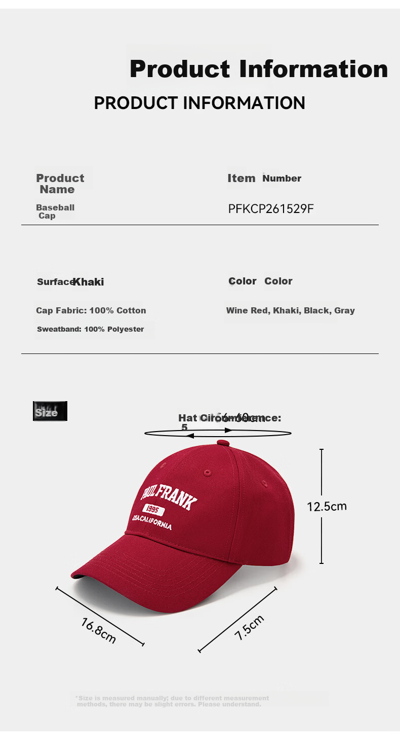 Paul Frank Men's Summer Sun Protection Baseball Cap Duckbill Hat Trendy Versatile Letter Embroidered Cotton Sunshade Hat 7