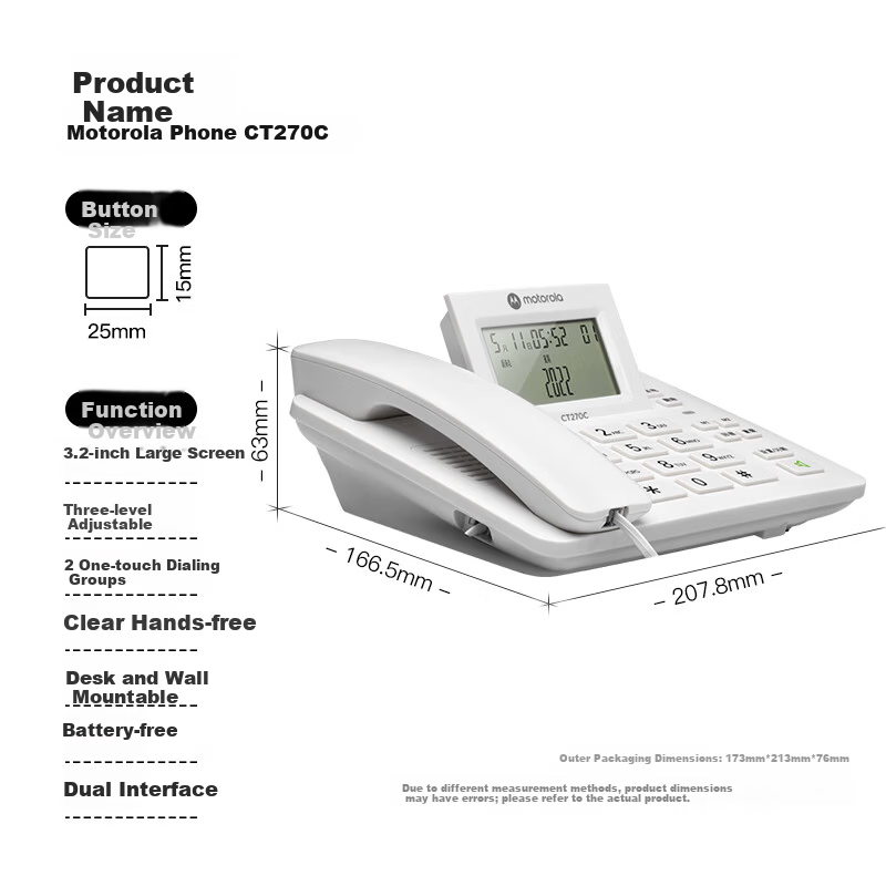 Motorola CT270C Landline Phone Fixed Desk Phone Three-Level Flip Large Screen One-Touch Dial Office Home Manager Phone White