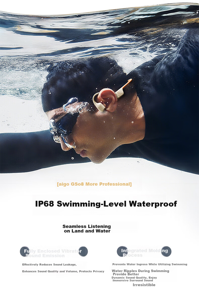 Aigo True Bone Conduction Bluetooth Swimming Earphones Open-Ear Kids Earphones 32GB MP3 Storage IP68 Waterproof Upgraded Soft Silicone Rear Hook GS08 Black 5