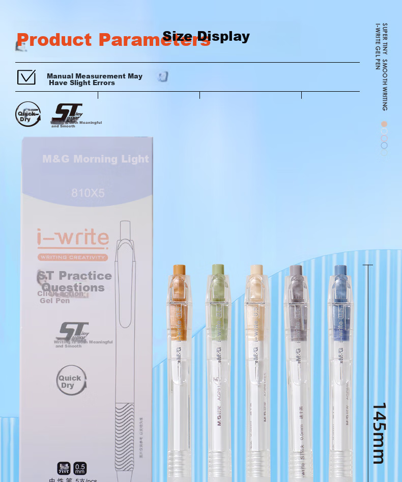 M&G i-write Quick-Dry Retractable Gel Pen 0.5mm Black Ink Student Exam Signature Pen ST Tip High-Quality 5pcs/Box AGP810X5 11