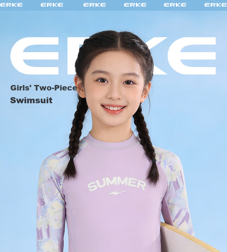 ERKE Children's Swimsuit, Girls' Long-Sleeve And Long-Pants One-Piece Swimwear, Faux Two-Piece Design, Sun Protection, Breathable Swimwear Set 1