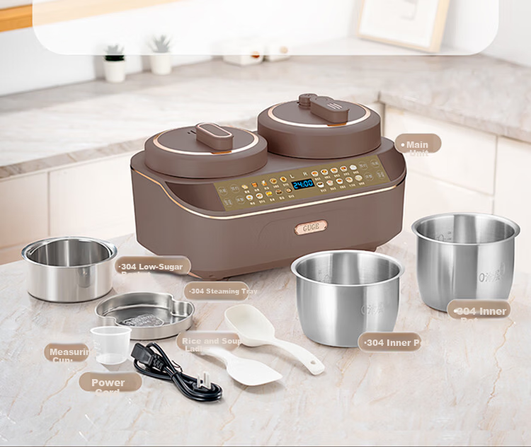 GUGE German Dual Inner Pot Rice Cooker and Pressure Cooker 2-in-1 with Dual Pot Independent Control, 304 Stainless Steel Inner Pot, Rice Soup Separation, Low Sugar, High Pressure Fast Cooking Electric 19