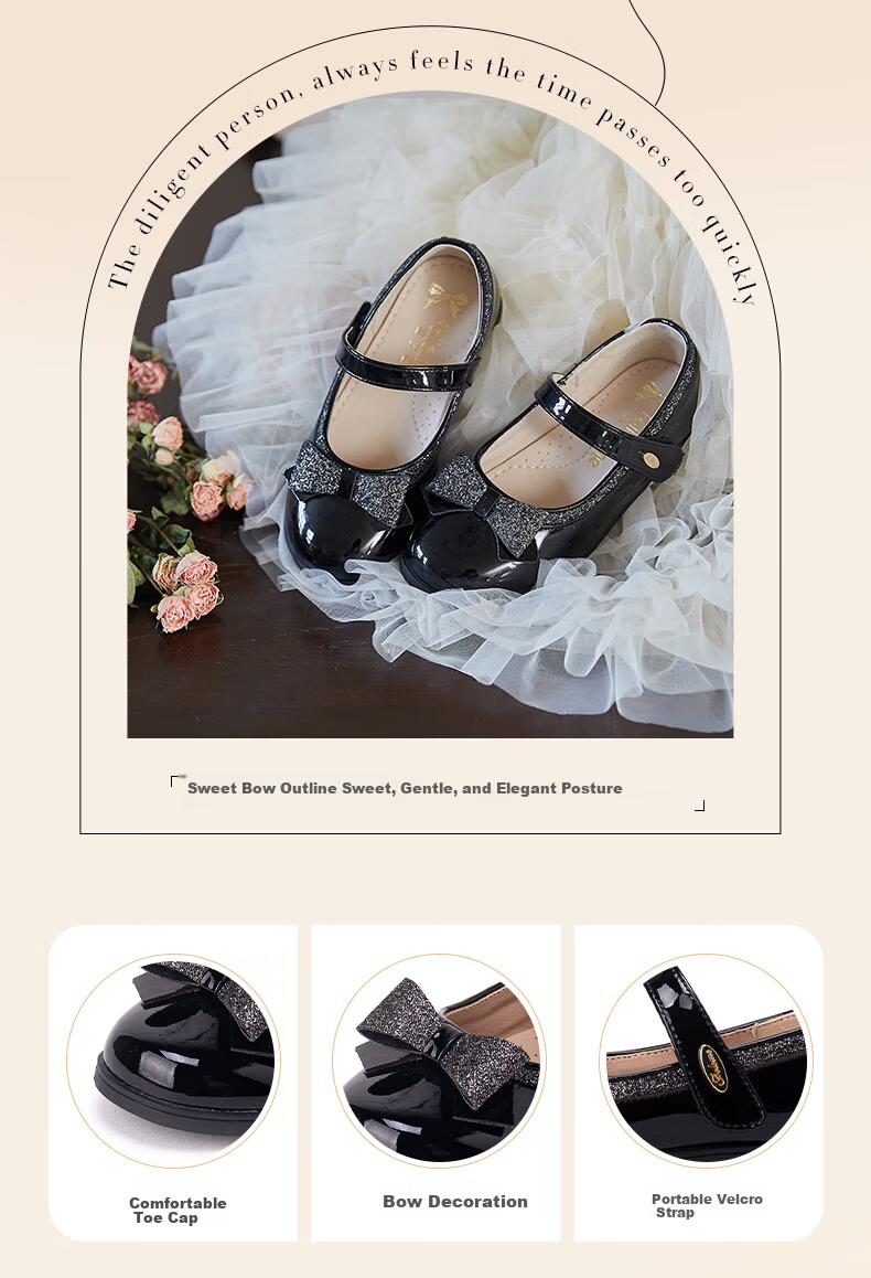 Fulomi Girls' Leather Shoes Children's Princess Mirror Soft Sole Performance Shoes Children's Single Square Toe Leather Shoes Shadow Black Size 29 2