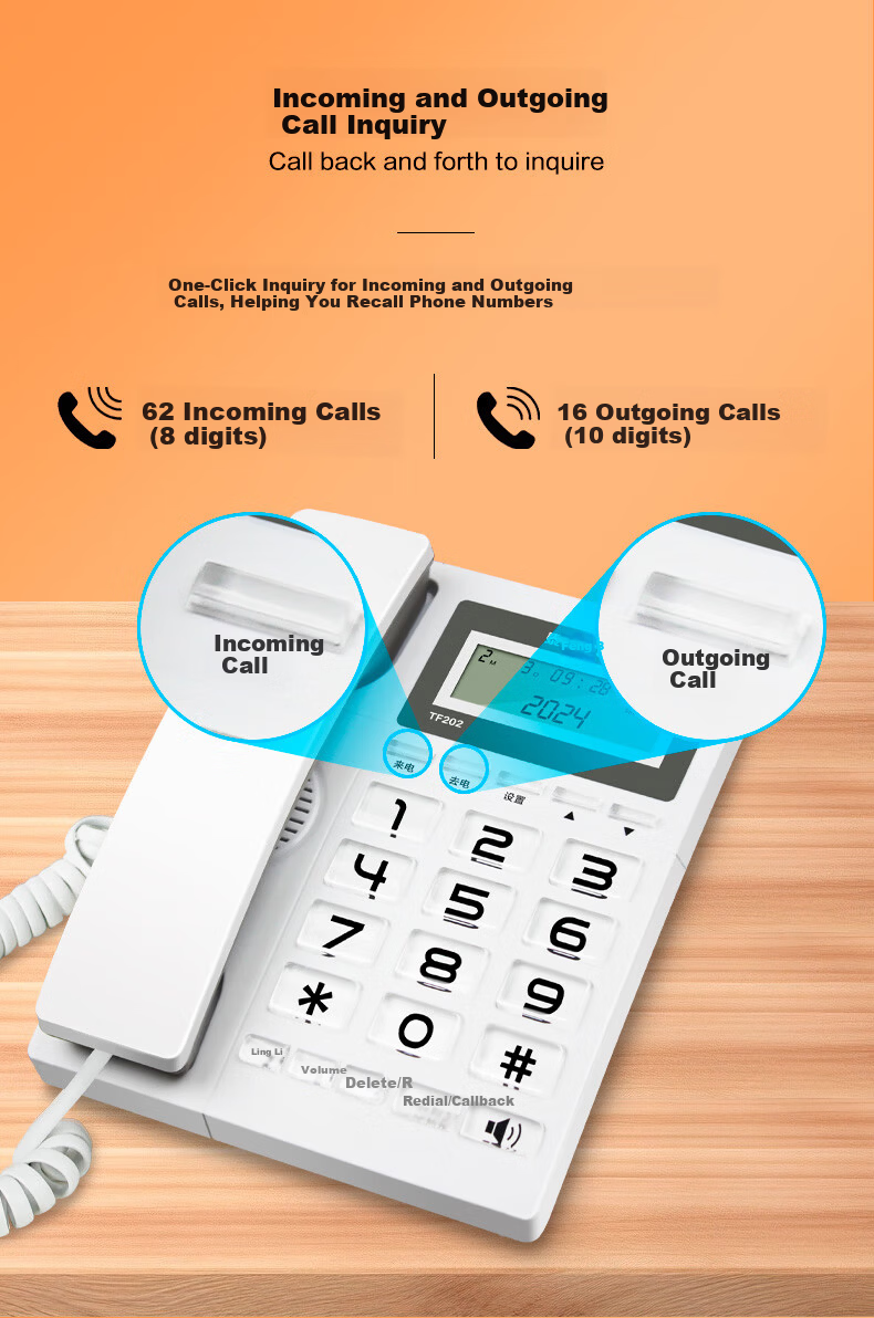 Taifeng 888 Landline Phone Fixed Telephone Office Home Wired Phone Battery-Free Dual Interface Hands-Free Caller ID TF202 White 5