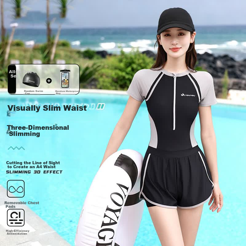 F.DYRAA Women's One-Piece Conservative Swimsuit Set for Hot Springs and Swimming Pool Slimming Girl Swimsuit Three-Piece Set 16083 Classic Black M